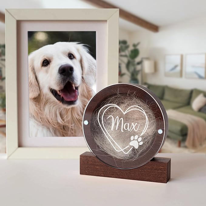 Personalized Pet Hair Keepsake Box for Dog and Cat Fur - Engraved Wood Memorial Box - Unique Customized Gift for Loss of Furry Friend Wooden (Dark Round Wood/Acrylic Lid)