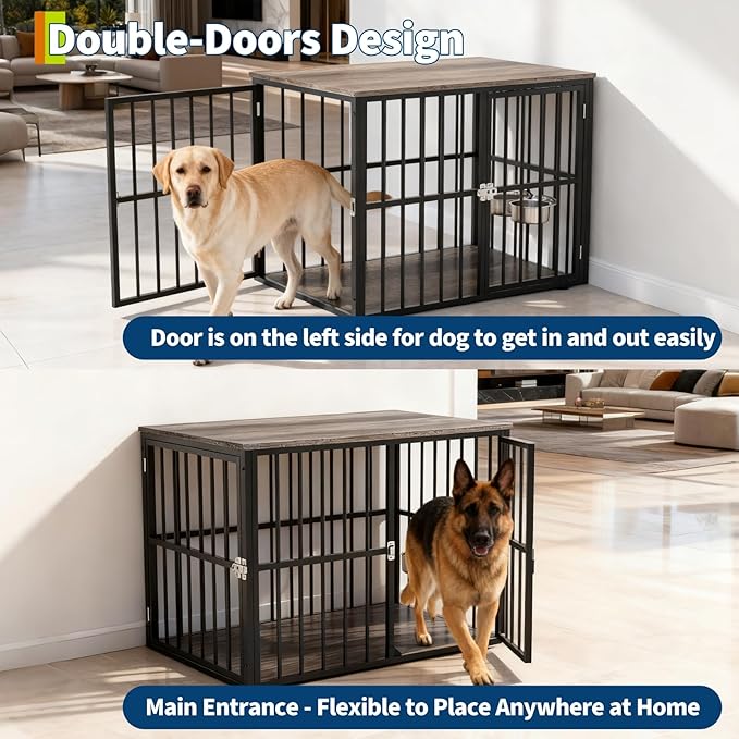 43" Large Dog Crate Furniture with Double Doors, Heavy Duty Indoor Pet Cage Pet House with Lockable Dog Kennel Furniture & Side End Table for Large/Medium Dogs Wooden Decorative