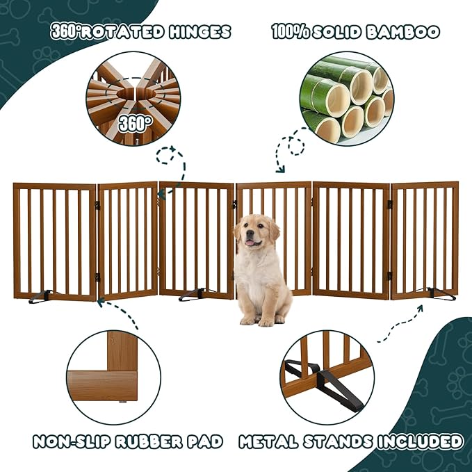 Semiocthome Walnut Dog Gates for Doorways, 6-Panel Freestanding Dog Gate Indoor for the House Stairs, 24" H Foldable Wooden Pet Gates with 4PCS Metal Stands, Expands Up to 110" (W)