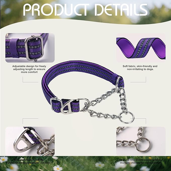 Reflective Martingale Collar for Dogs - Heavy Duty No Pull Dog Collar with Padded,Adjustable Dual D-Rings Design Choke Chain Collars for XXL Dogs Training Collar（Purple XXL
