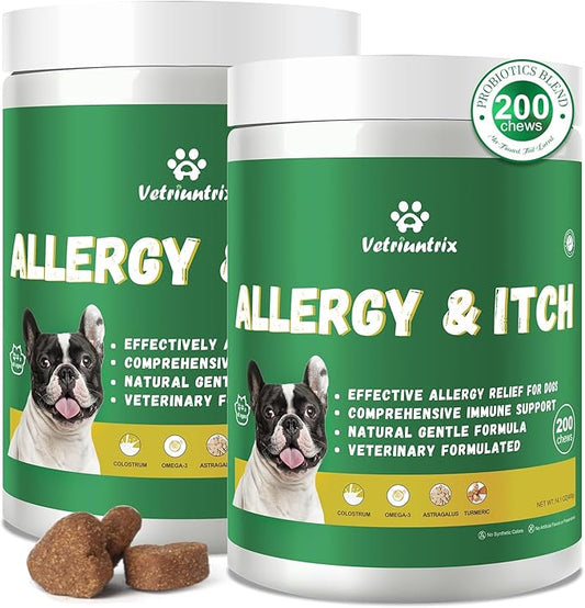 Dog Allergy Chews, Dog Allergy Relief Chews Coat Supplement for Itchy Skin Paw Licking, Probiotics for Large Dogs with Colostrum Omega-3 Turmeric Immune Supplement-200ct