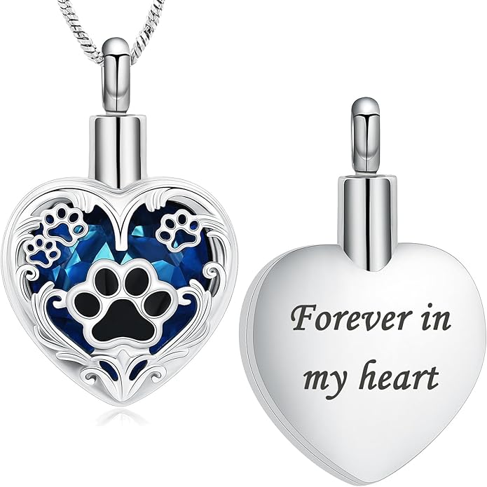 Heart Urn Necklace For Ashes Birthstone Pet Memorial Jewelry Dog Paw Print Cremation Pendant Stainless Steel Keepsake Gift For Pet Lovers