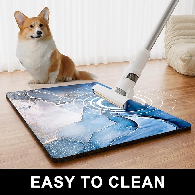 Dog Food Mat, 16" x 24" Marble Absorbent Dog Cat Bowl Mat for Food and Water, Cute Anti-Slip Rubber Pet Feeding Rug Protect Floors, Placemat for Feeding & Watering Supplies, Navy