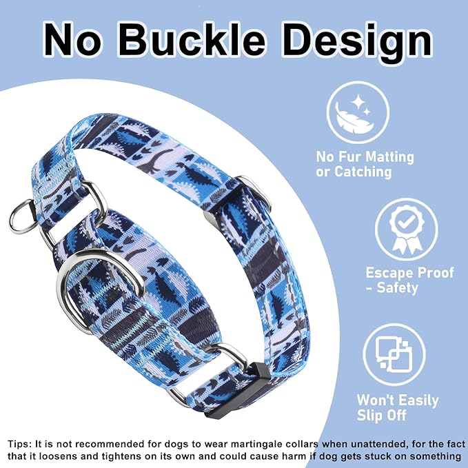 Reflective Martingale Collar for Dogs Nylon Training Collar with No Buckle, No Pull Escape Proof Dog Collar for Large Dogs（Blue Dinosaur，L）