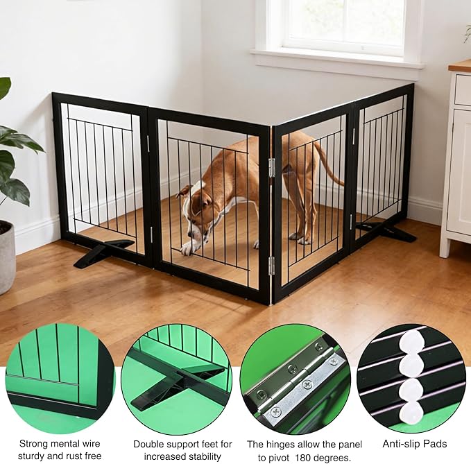 ZJSF Freestanding Dog Gate Indoor, Foldable Dog Fence for Doorways,Hallways or Stairs, Sturdy Wood Extra Wide Pet Gate with Support Feet,Black,32 "Height-4 Panels
