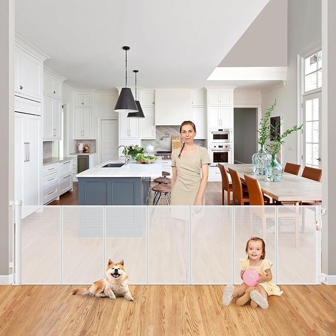 Reinforced 200 Inch Extra Long Dog Gate Indoor 37” Tall Outdoor Retractable Baby Gates for Doorways Extra Wide 16ft Bottom Anti-Crawl Indoor Extra Long Baby Gate Retractable Dog Fence/Barrier, White