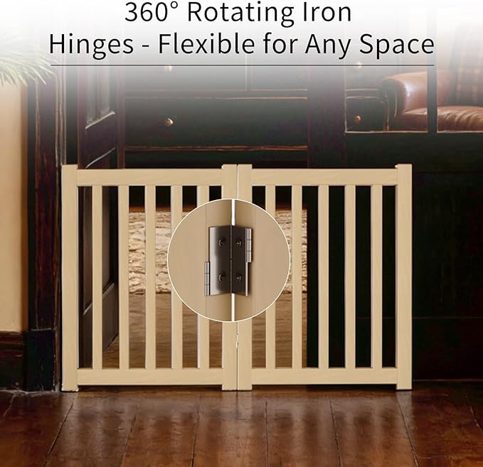 2-Panel Solid Wood Dog Gate - Freestanding Folding Pet Gate for Doorways, Stairs, Indoor, 24" Height, No Installation Needed, Natural Wood