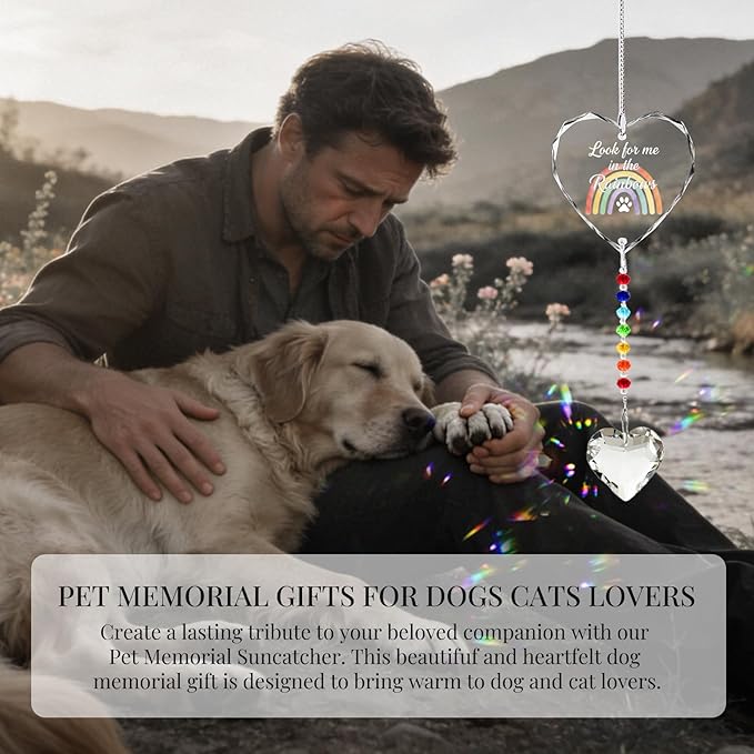 Pet Memorial Gifts for Dogs Cats - Look for me in The Rainbows Crystal Suncatcher Pet Loss, Pet Sympathy, Rainbow Bridge Sympathy Gifts for Loss of Dog Cat, Thoughtful Dogs and Cats Remembrance