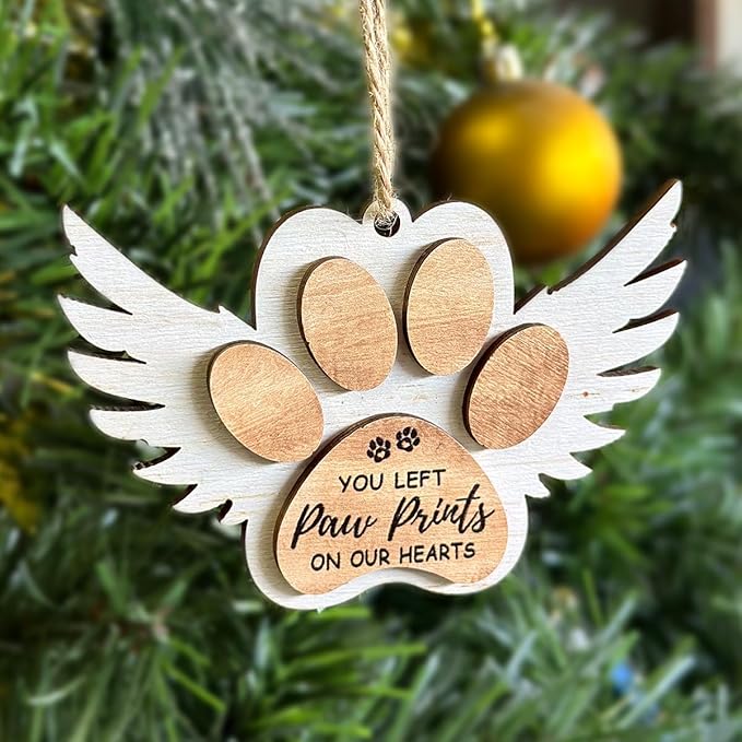 Pet Memorial Ornament, White Christmas Decor, Gifts for Loss of Dog, Angel Wings Wooden Ornaments, You Left Paw Prints on Our Hearts, Dog Passing Away Gift, Puppy Heaven