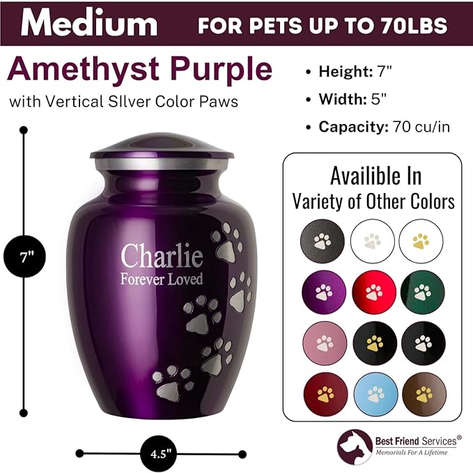 Ottillie Paws Premier Series Pet Urn for Dogs with Personalized Laser Engraving (Medium - Pets up to 65 lbs, Amethyst Purple with Vertical Pewter Paws)