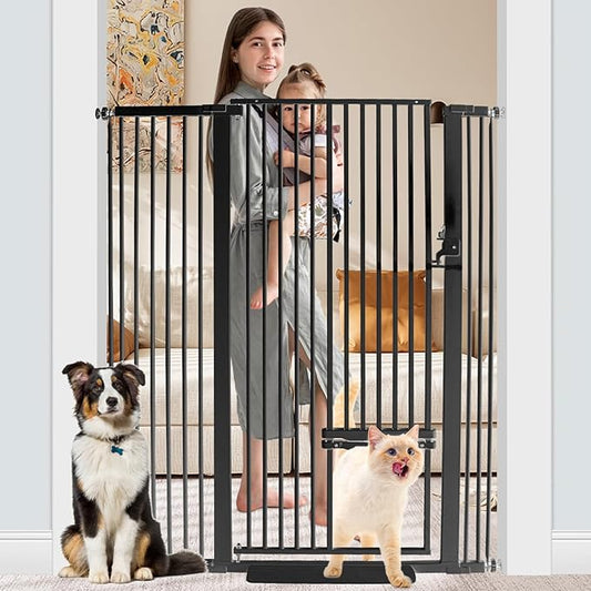 55 Inch Extra Tall Pet Gate with Small Cat Door, 29.55"-46.06" Adjustable Wide Dog Gate, Tall Cats Gates for Doorway, Stairs, House(Black)
