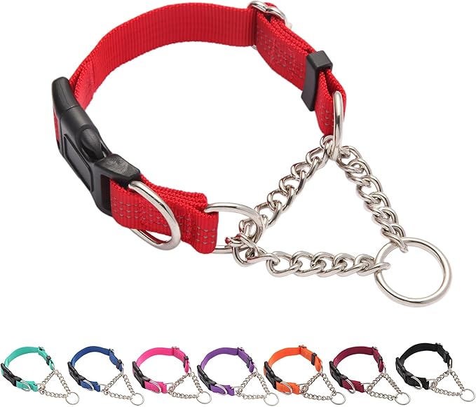 Martingale Dog Collar with Quick Release Buckle Steel Chain No Pull Training Reflective Collar for Medium Large Dogs(Red, Large)