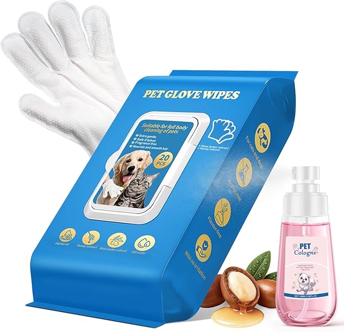 Cleansing & Deodorizing Pet Glove Wipes for Dogs & Cats with Pet Deodorizing Spray, Hypoallergenic & Nourishing Rinse-Free Mitts, Thick Design for Home Spa Care, 20pcs