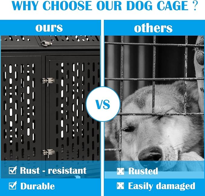 44 inch Heavy Duty Dog Crate with Wheels, Indestructible Escape-Proof Steel Pet Kennel for High Anxiety Large Medium Dogs, Chewproof Indoor Double Door Dog Kennel with 2 Trays, 4 Locks, XL