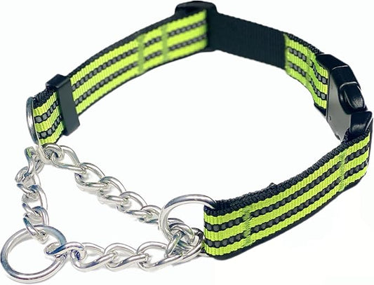 Martingale Collars for Dogs, Heavy Duty Stainless Steel Chain Training Collar, Reflective Nylon Adjustable Collar with Quick Release Buckle, Suitable for Puppy Medium Large Dogs (Green, XS)