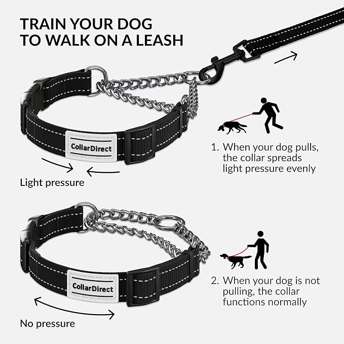 CollarDirect Martingale Dog Collar with Stainless Steel Chain and Quick Release Buckle - Reflective Collar for Large, Medium, Small Dogs - Black, Medium (Neck Size 14"-17")