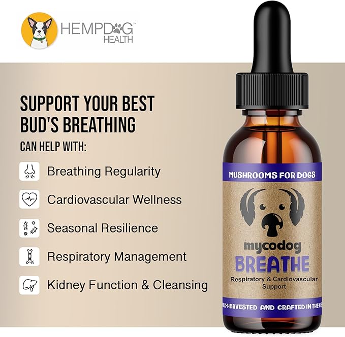 MycoDog Breathe - Respiratory Support Supplement for Dogs - Breathing Comfort & Airway Health - French Bulldogs, Pugs, & Flat-Faced Breeds - Natural Mushroom and Ashwagandha Drops
