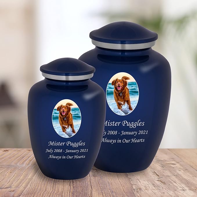 Homage Large Custom Photo Pet Cremation Urn for Pet Ashes - Vase Style Pet Urn - 200 Cubic Inch Capacity -Personalization Included (Sapphire Blue)