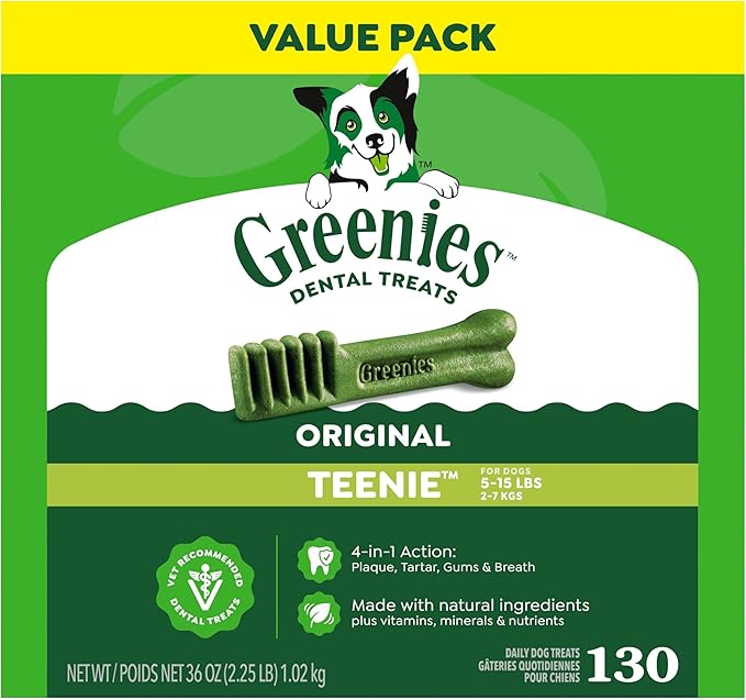 Greenies Veterinarian-Recommended Adult Natural Dental Dog Treats Teenie Size, Dog Dental Chews, Original Flavor, 36 oz. Pack, 130 Count
