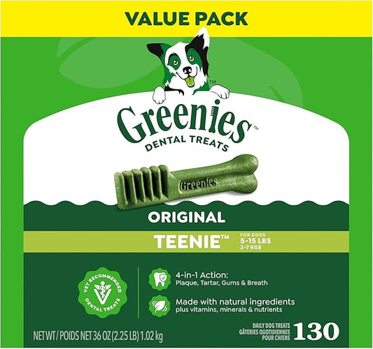 Greenies Veterinarian-Recommended Adult Natural Dental Dog Treats Teenie Size, Dog Dental Chews, Original Flavor, 36 oz. Pack, 130 Count