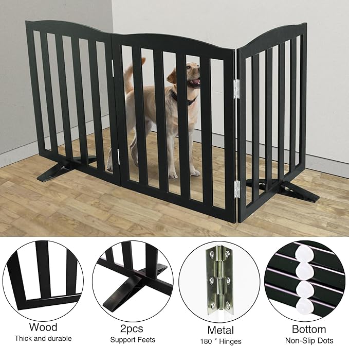 Freestanding Dog Gate Indoor,Doggie Gate Foldable Pet Gates for Doorways,Stairs or Hallways, Wooden Black Pet Gate for the House, Pet Fence with Support Feet Included,24 "Height-3 Panels