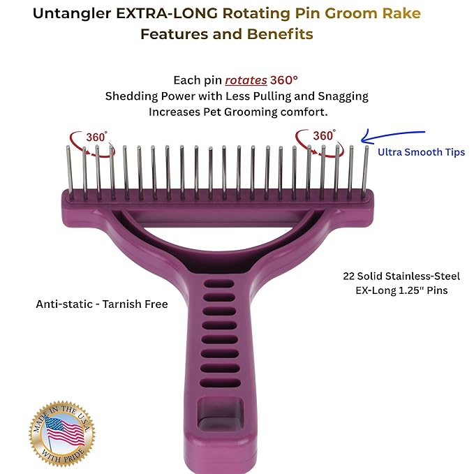 The Untangler Rakes for Grooming and Shedding -silky smooth rotating teeth to easily collect loose hair (Purple, Extra-Long)
