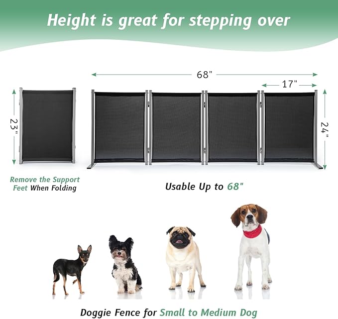 RANTILA 4 Panel Indoor Foldable Dog Fence Freestanding Dog Gate for Stairs, Hallways, or Doorways for Small Dogs- 68 X 24 Inch, Black, Need Assembly