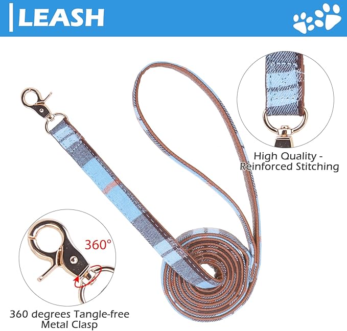EXPAWLORER Dog Collar and Leash Set - Embroidery Pawprints Plaid Dog Leash and Collars, Cute Bandana and Detachable Collar, Suitable for Small Medium Dogs Girl Boy, SkyBlue S-M