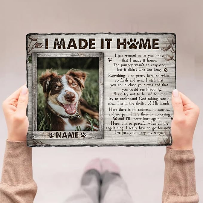 Personalized Rock Plaque: 'I Made It Home' - White Memorial Stone Gifts for Loss of Your Beloved Pet, Sentimental Dog and Cat Grave Markers in Our Hearts, House Decoration