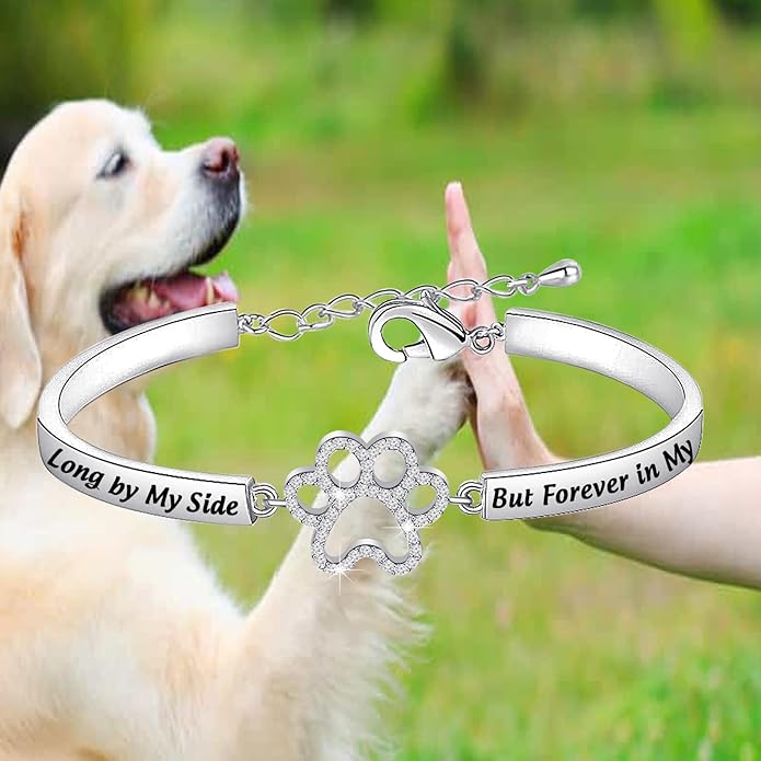 BEKECH Dog Memorial Bracelet No Longer by My Side But Forever in My Heart Crystal Paw Print Bracelet Loss of Pet Jewelry