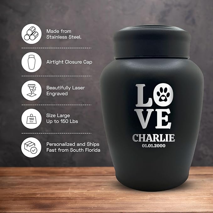 Custom Engraved Dog Urn with Name and Date - Stainless Steel Large Cremation urns for Dogs Ashes with Airtight Closure | up to 150 lbs Capacity | Love Print
