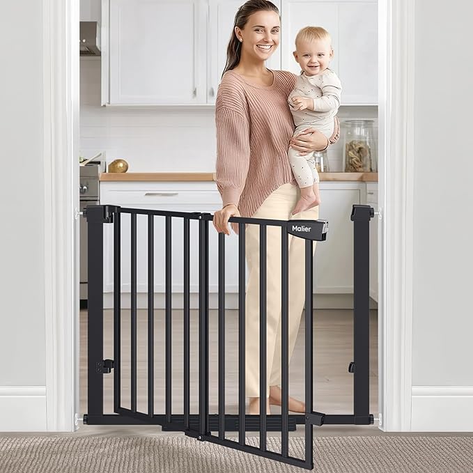 Malier Newest Baby Gate for Stairs with Large Walk Thru Door, 29-38" No Drill Pressure Mounted Dog Gate for Doorway, Auto Close Baby Gate, Easy Walk Through Gate Pet Gate for Child and Pets