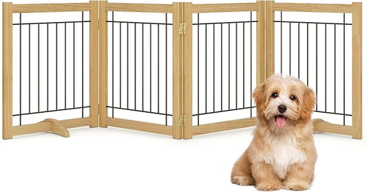Wire Dog Gate Solid Wood Frame, Anti-Chewing, 4-Panel, 24" Height, 80" Width, Indoor Freestanding Pet Gate Foldable Wooden Dog Fences for Stairs, House, Doorway, Oak Color