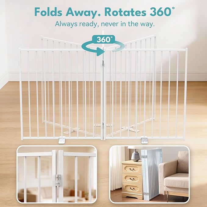 No Pawblems Free Standing Dog Gate with Door, 30'' Tall Foldable Dog Fence for Indoor & Outdoor, Up to 78 Inch Extra Wide Puppy Gate for Stairs, Hallways, Doorways, Deck, Yard (White, 3 Panels)