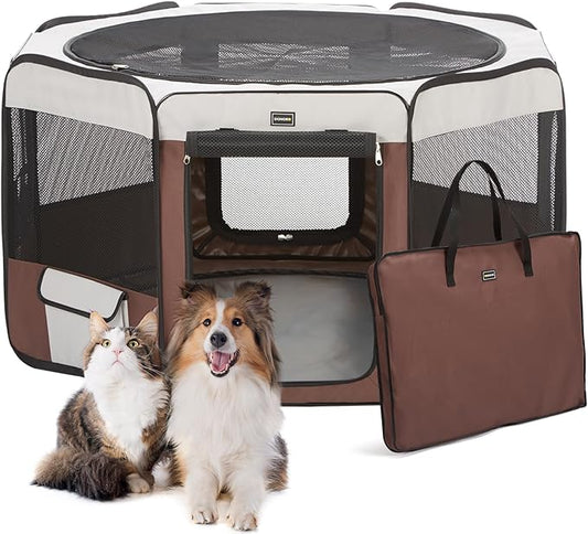 DONORO Dog Playpen 55" Portable Pet Play Pens for Medium Large Dogs, Foldable Exercise Kennel Tent Crate Indoor/Outdoor Travel Camping, Removable Top/Bottom (55"x55"x30"), 8