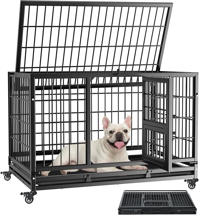 Gardner Pet 32 inch Stackable Heavy Duty Dog Crate,Indestructible Escape-Proof Dog Kennel for Small Dogs,High Anxiety Dog Cage with Upgraded Lockable Wheels，Removable Tray & Triple Door,Black