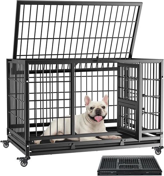 Gardner Pet 32 inch Stackable Heavy Duty Dog Crate,Indestructible Escape-Proof Dog Kennel for Small Dogs,High Anxiety Dog Cage with Upgraded Lockable Wheels，Removable Tray & Triple Door,Black