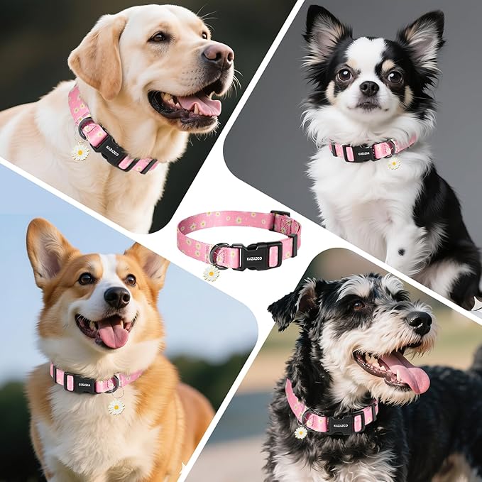 Kazazoo Dog Collar Cute and Soft Nylon Puppy Collar Girl, Adjustable Dog Collars for Small Medium Dogs, Pink Daisy-XS