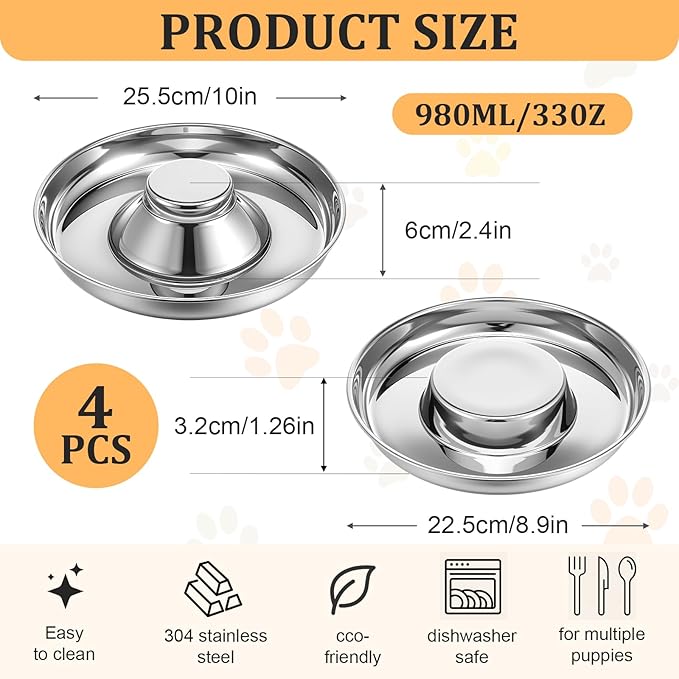 4 Pcs Stainless Steel Puppy Bowls, Puppy Feeding Bowls for Litter, 10.2" Metal Dog Food and Water Bowl Set for Small Dogs Cats, Puppys Feeders for Multiple Puppies Kittens, Whelping Supplies