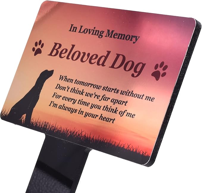 OriginDesigned New Beloved Pet Dog Memorial - Metallic Gold Aluminium Plaque Mounted onto a Black Acrylic Stake.