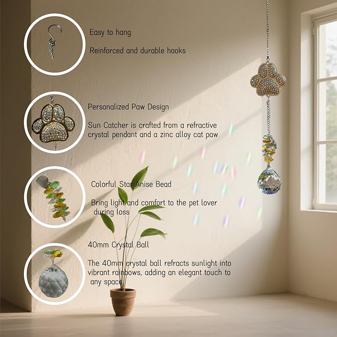 Pet Memorial Suncatcher for Loss of Dog/Cat:Rainbow Prism Sympathy Gift, Crystal Rainbow Maker with Engraved Paw Print, Sympathy Gift for Loss of Pet, Garden & Window Hanging Keepsake
