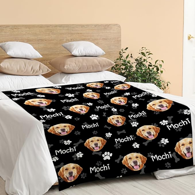 Custom Dog Blanket with Picture Name, Personalized Dog Face Throw Blanket, Customized Puppy Blanket with Photo, Birthday for Pet Lovers in Loving Memory Pet Blankets for Dogs Mom Dad