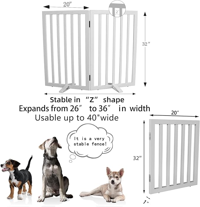 Dog Gate Indoor, Freestanding Dog Fence for The House, Doorways, Hallways,or Stairs,Pet Gate Foldable Wooden,Expandable 32" Height 2 Panels,White