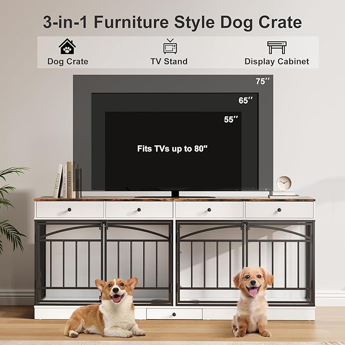 IDEALHOUSE 78.7" Double Dog Crate Furniture with Storage and 4 Doors, Dog Kennel Indoor with Feeding Bowls, Wood Dog Crate TV Stand for Small Medium Dogs, White