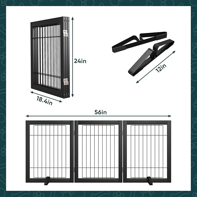 Semiocthome Freestanding Dog Gates and Barriers Indoor Pet Gates for Doorways and Stairs 24"H- 3 Panels Puppy Gate with 2 Metals Stands Adjustable Safety Fence Wire Dog Gate with Bamboo Frame - Black