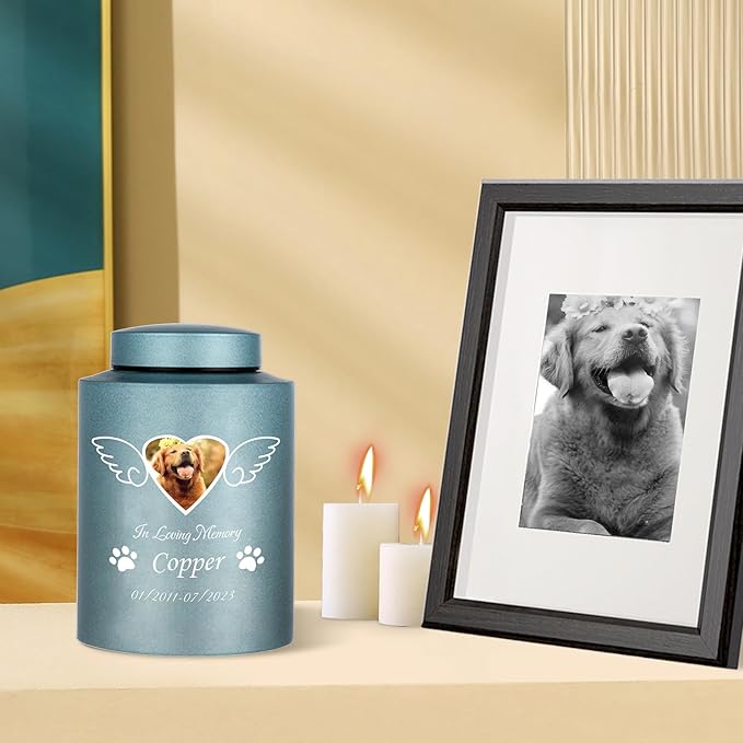 Custom Urns for Dogs and Cats Ashes Personalized Pet Urn with Name and Photo Pet Cremation Memorial Urn for Loss of Dog or Cats Engraved Pet Funeral Urns (Wings)