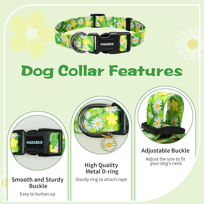 Kazazoo Dog Collar Cute and Soft Nylon Puppy Collar for Boy and Girl, Adjustable Dog Collars for Small Medium Dogs, Green Daisy-S