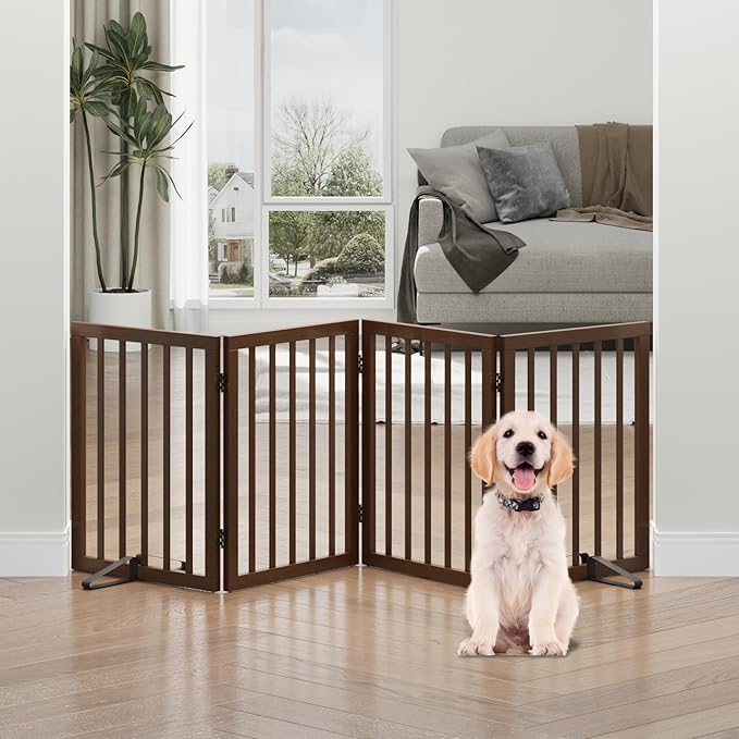 Dog Gates for Doorways, Freestanding Foldable Dog Gate Indoor, Pet Gates for Doorways Bedroom, Puppy Gate with Metal Support Feet, 4 Panels (Rustic tan)