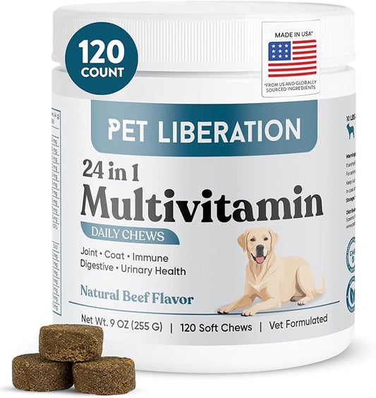 24-in-1 Daily Multivitamin for Dogs – 120 Soft Chews – Hip & Joint Support, Probiotics, Salmon Oil, Cranberry for Urinary Health, Skin & Coat, Immune Support – for All Breeds & Ages