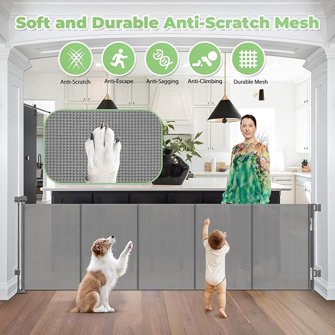 96 Inch Wide Reinforced Retractable Dog Gate with Support Rods - Prevent Crawling Under, Extra Long Retractable Baby Gate Large Dog Gate Indoor/Outdoor Retractable Pet Gate, Gray
